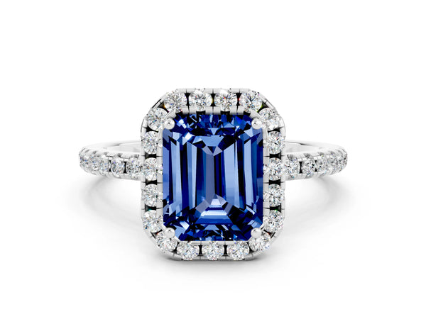 Platinum Emerald Cut Blue Sapphire Halo Engagement Ring with Round Pavé Band and Prong Setting