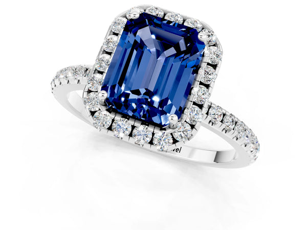 Silver Emerald Cut Blue Sapphire Halo Engagement Ring with Round Pavé Band and Prong Setting