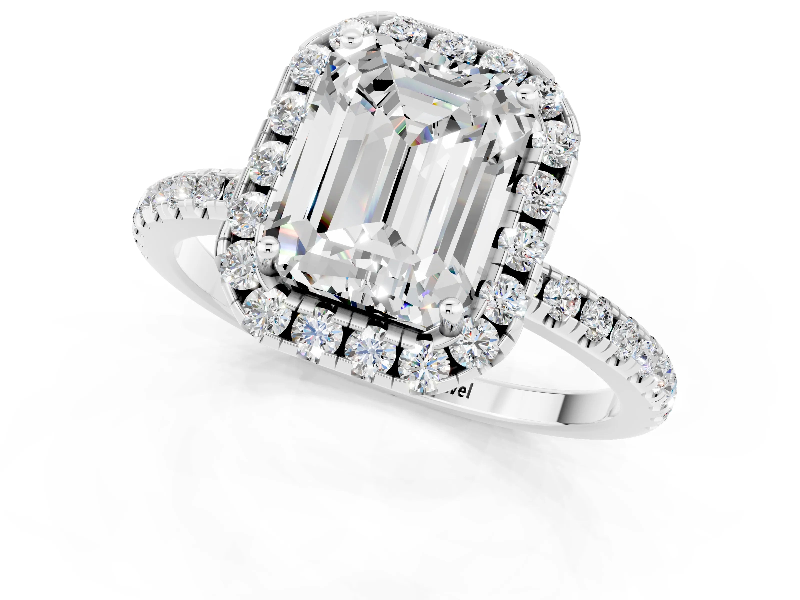 White gold Emerald Cut Cut Diamond Floral Halo Engagement Ring with Pavé Band and Prong Setting_1