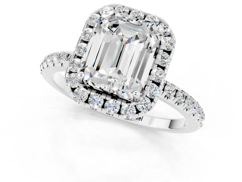 White gold Emerald Cut Cut Diamond Floral Halo Engagement Ring with Pavé Band and Prong Setting_1