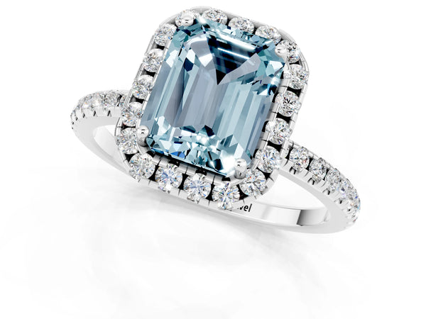 White gold Emerald Cut Aquamarine Halo Engagement Ring with Round Pavé Band and Prong Setting