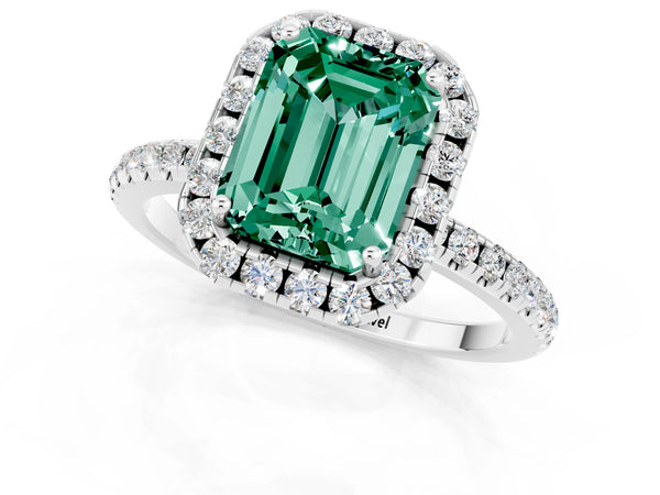 Silver Emerald Cut Green Sapphire Halo Engagement Ring with Round Pavé Band and Prong Setting