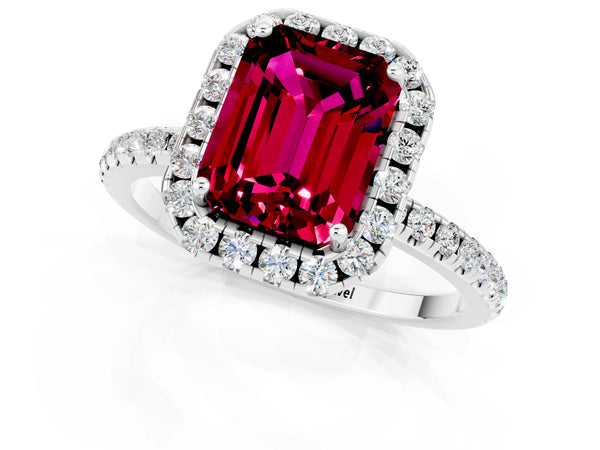 Silver Emerald Cut Garnet Halo Engagement Ring with Round Pavé Band and Prong Setting