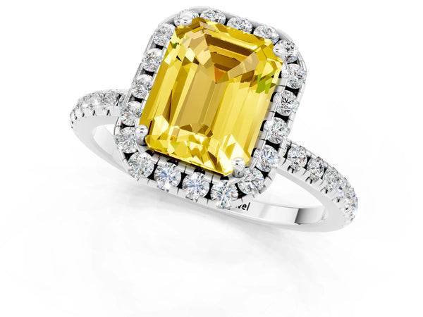 Platinum Emerald Cut Yellow Sapphire Halo Engagement Ring with Round Pavé Band and Prong Setting