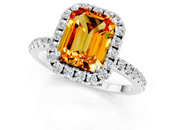 Silver Emerald Cut Citrine Halo Engagement Ring with Round Pavé Band and Prong Setting