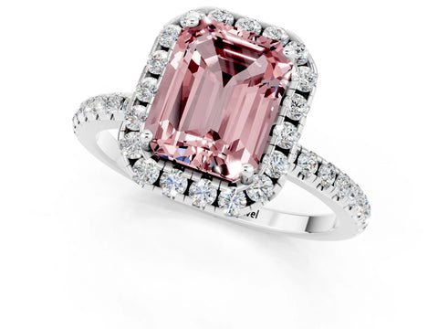 White gold Emerald Cut Cut Diamond Floral Halo Engagement Ring with Pavé Band and Prong Setting_1