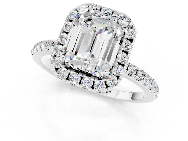 Silver Emerald Cut Moissanite Halo Engagement Ring with Round Pavé Band and Prong Setting