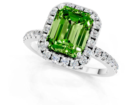 White gold Emerald Cut Cut Diamond Floral Halo Engagement Ring with Pavé Band and Prong Setting_1
