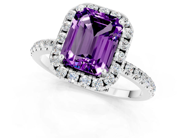 Silver Emerald Cut Amethyst Halo Engagement Ring with Round Pavé Band and Prong Setting