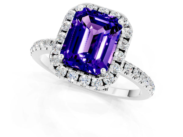 White gold Emerald Cut Tanzanite Halo Engagement Ring with Round Pavé Band and Prong Setting