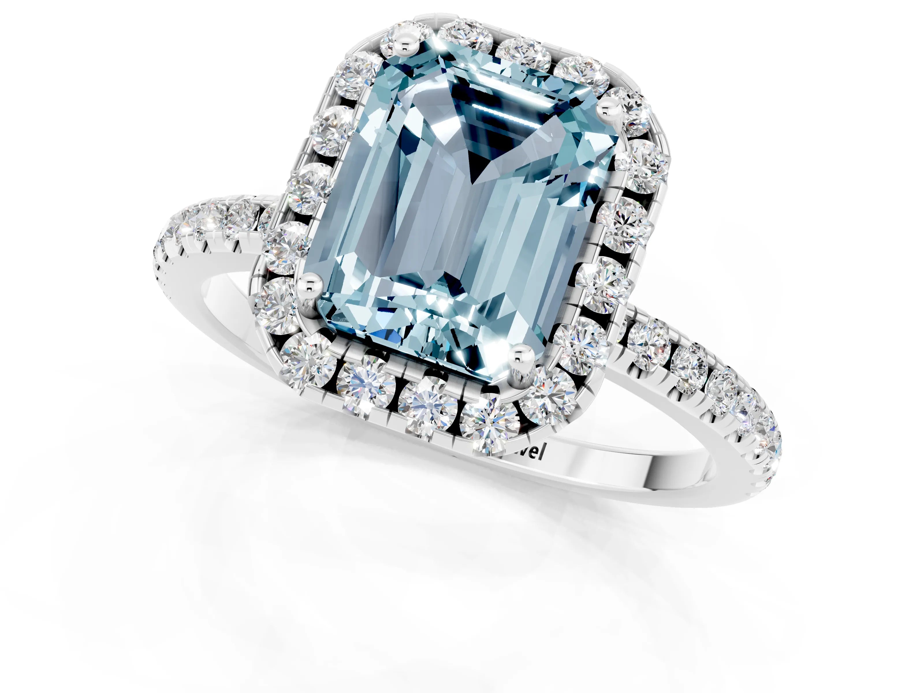 White gold Emerald Cut Cut Diamond Floral Halo Engagement Ring with Pavé Band and Prong Setting_1