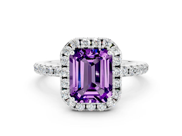 White gold Emerald Cut Amethyst Halo Engagement Ring with Round Pavé Band and Prong Setting