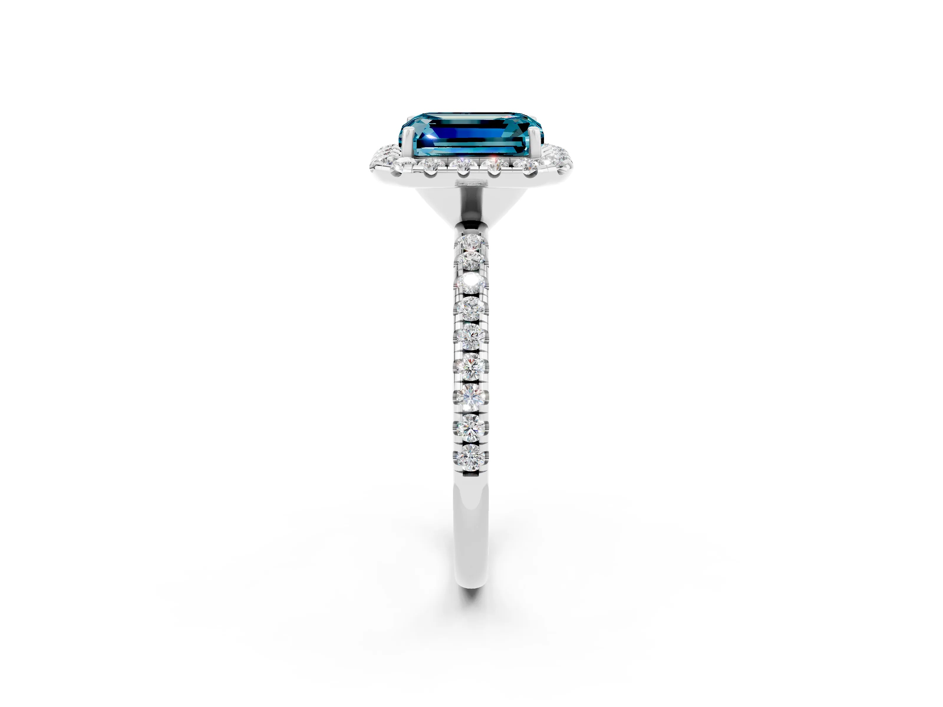 White gold Emerald Cut Cut Diamond Floral Halo Engagement Ring with Pavé Band and Prong Setting_2