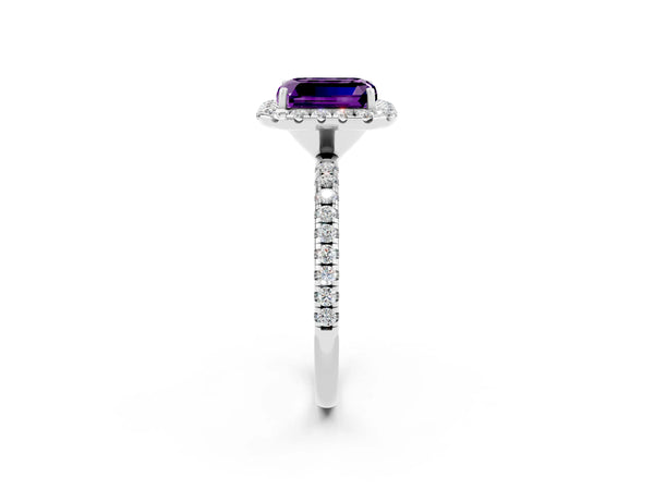 Silver Emerald Cut Amethyst Halo Engagement Ring with Round Pavé Band and Prong Setting