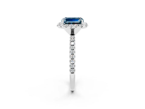 White gold Emerald Cut Cut Diamond Floral Halo Engagement Ring with Pavé Band and Prong Setting_2