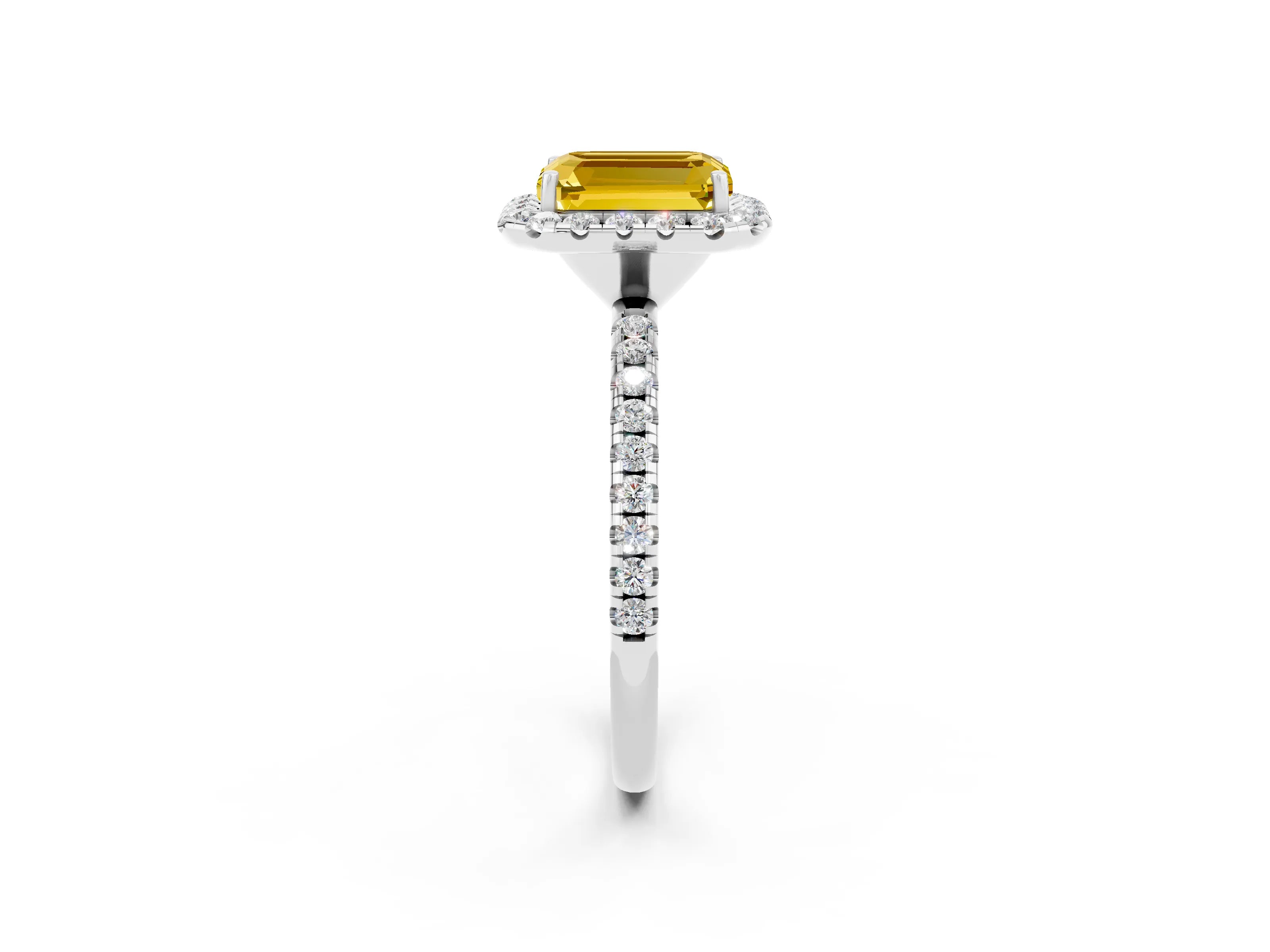 White gold Emerald Cut Cut Diamond Floral Halo Engagement Ring with Pavé Band and Prong Setting_2