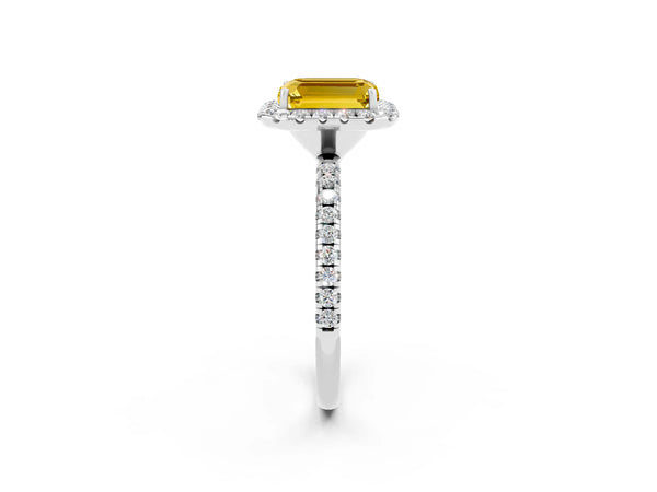 Platinum Emerald Cut Yellow Sapphire Halo Engagement Ring with Round Pavé Band and Prong Setting