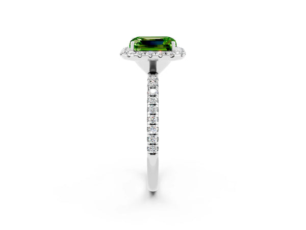 Platinum Emerald Cut Cut Diamond Floral Halo Engagement Ring with Pavé Band and Prong Setting