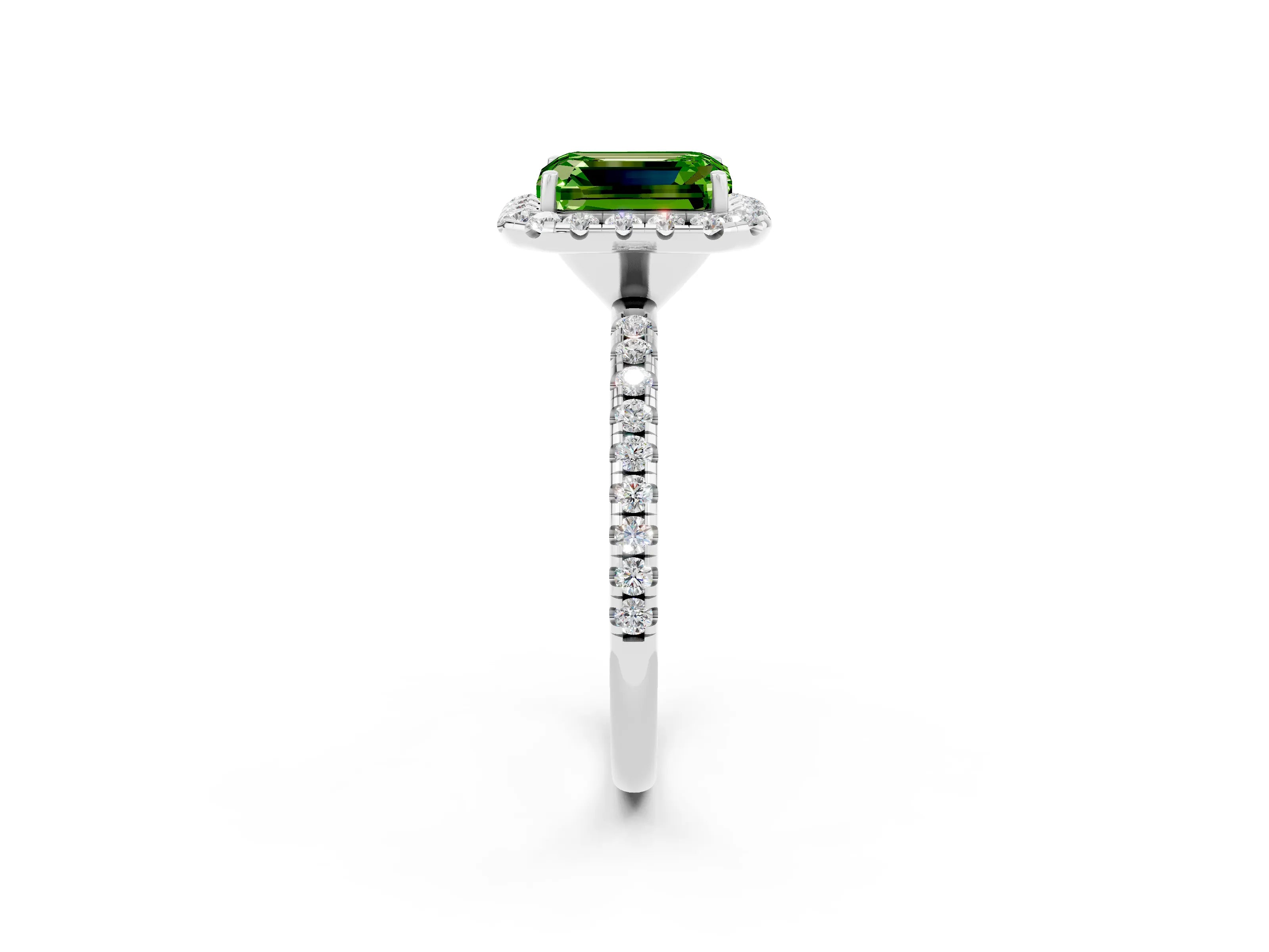 White gold Emerald Cut Cut Diamond Floral Halo Engagement Ring with Pavé Band and Prong Setting_2