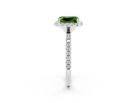 White gold Emerald Cut Cut Diamond Floral Halo Engagement Ring with Pavé Band and Prong Setting_2