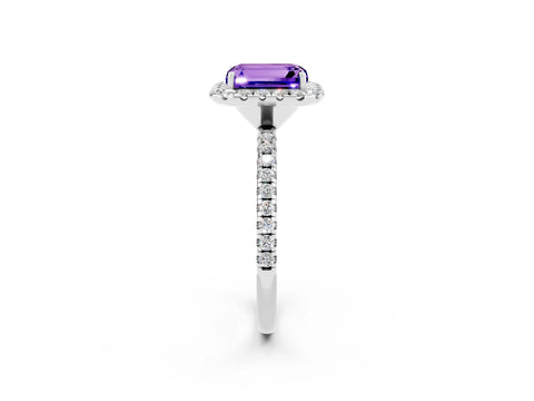 White gold Emerald Cut Cut Diamond Floral Halo Engagement Ring with Pavé Band and Prong Setting_2