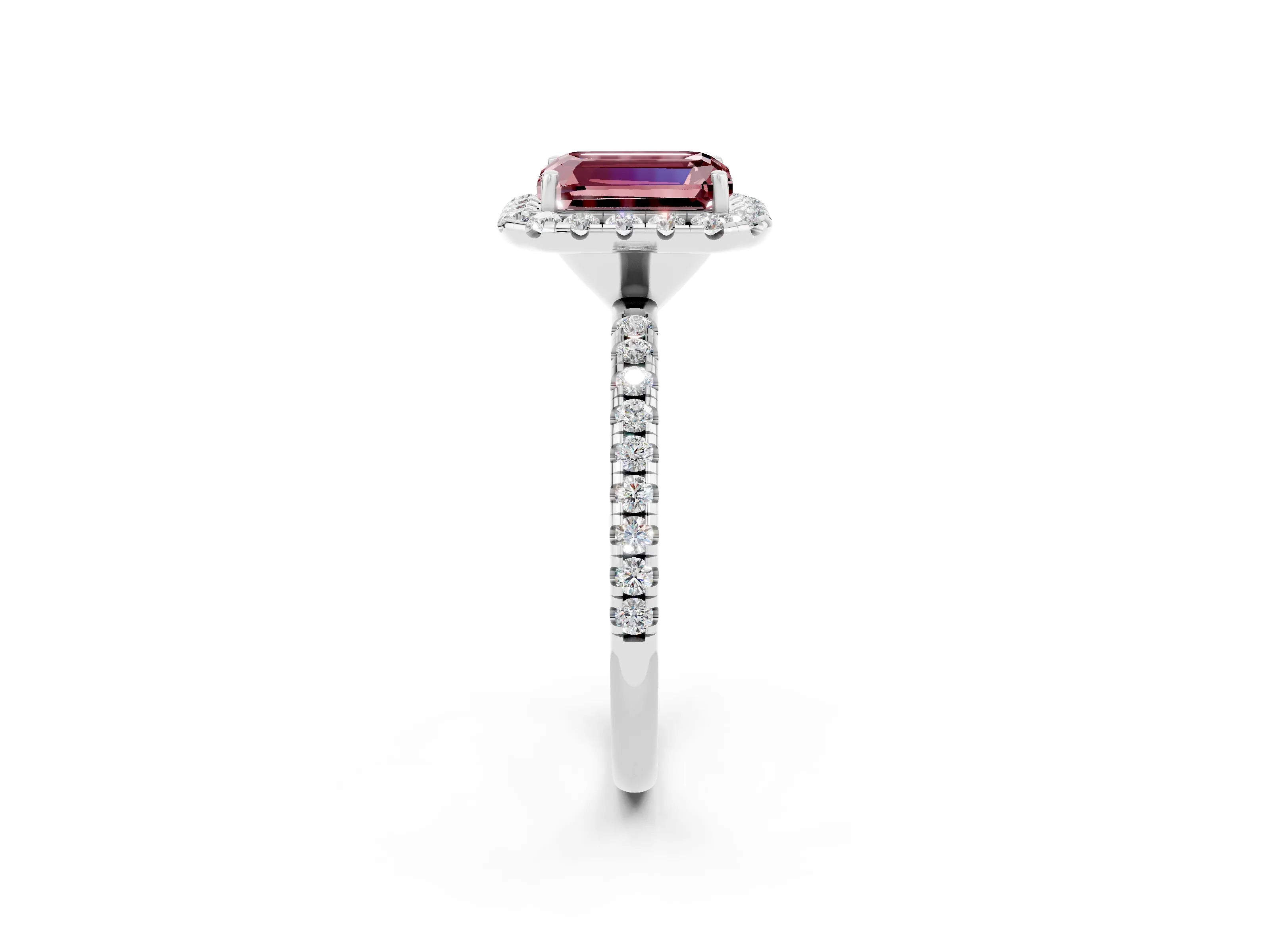 White gold Emerald Cut Cut Diamond Floral Halo Engagement Ring with Pavé Band and Prong Setting_2