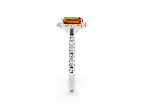 White gold Emerald Cut Cut Diamond Floral Halo Engagement Ring with Pavé Band and Prong Setting_2