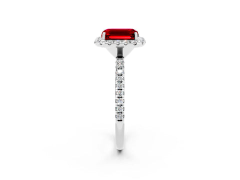 White gold Emerald Cut Cut Diamond Floral Halo Engagement Ring with Pavé Band and Prong Setting_2