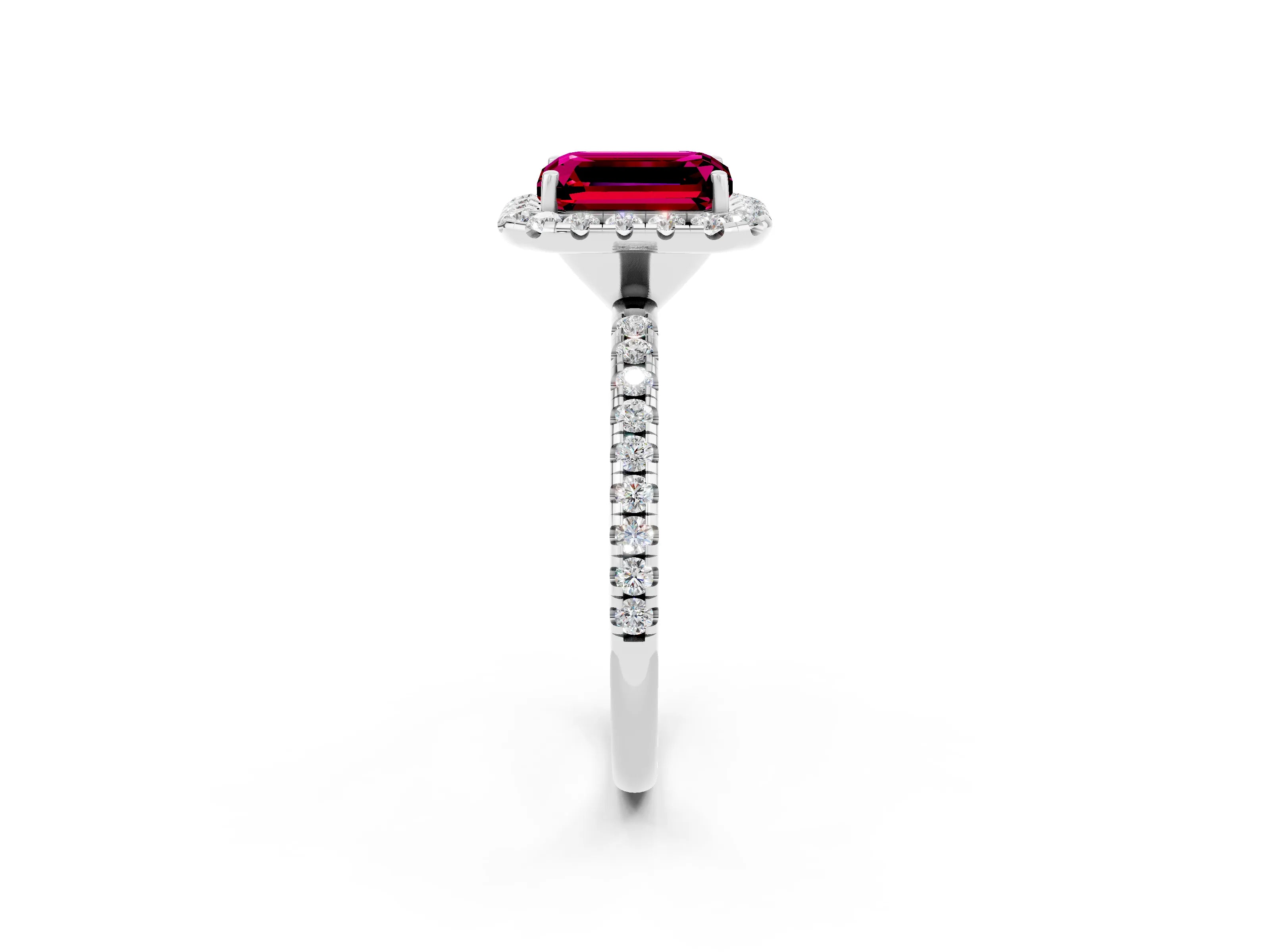 White gold Emerald Cut Cut Diamond Floral Halo Engagement Ring with Pavé Band and Prong Setting_2
