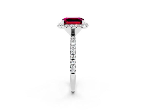 White gold Emerald Cut Garnet Halo Engagement Ring with Round Pavé Band and Prong Setting
