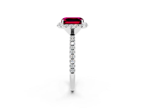 White gold Emerald Cut Cut Diamond Floral Halo Engagement Ring with Pavé Band and Prong Setting_2