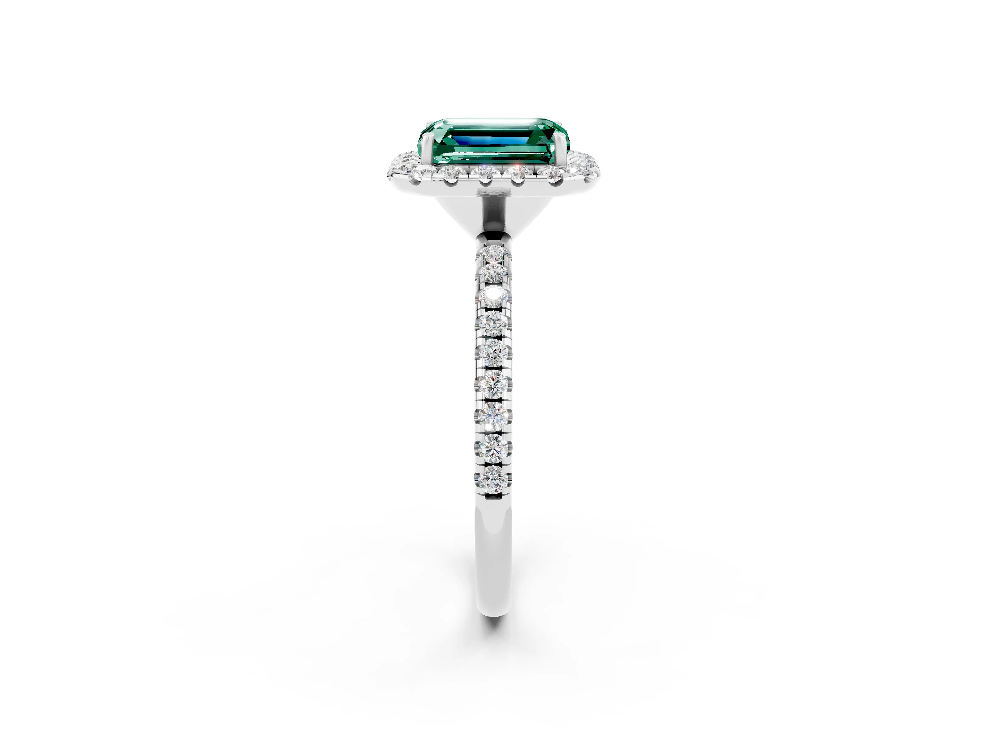 White gold Emerald Cut Cut Diamond Floral Halo Engagement Ring with Pavé Band and Prong Setting_2