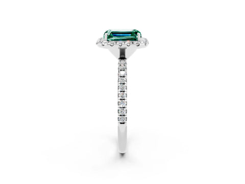 White gold Emerald Cut Cut Diamond Floral Halo Engagement Ring with Pavé Band and Prong Setting_2