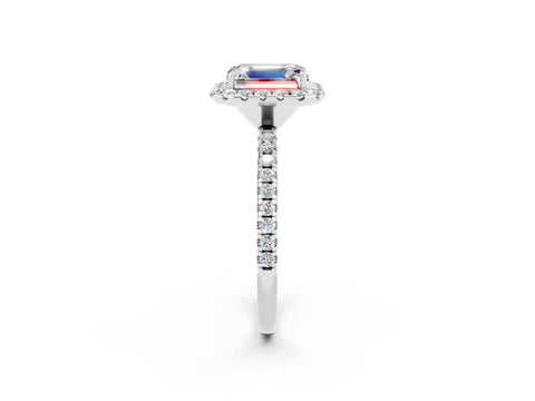 White gold Emerald Cut Cut Diamond Floral Halo Engagement Ring with Pavé Band and Prong Setting_2