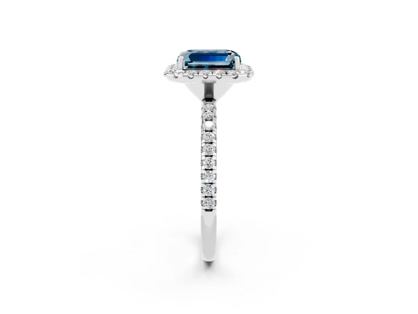 White gold Emerald Cut Aquamarine Halo Engagement Ring with Round Pavé Band and Prong Setting
