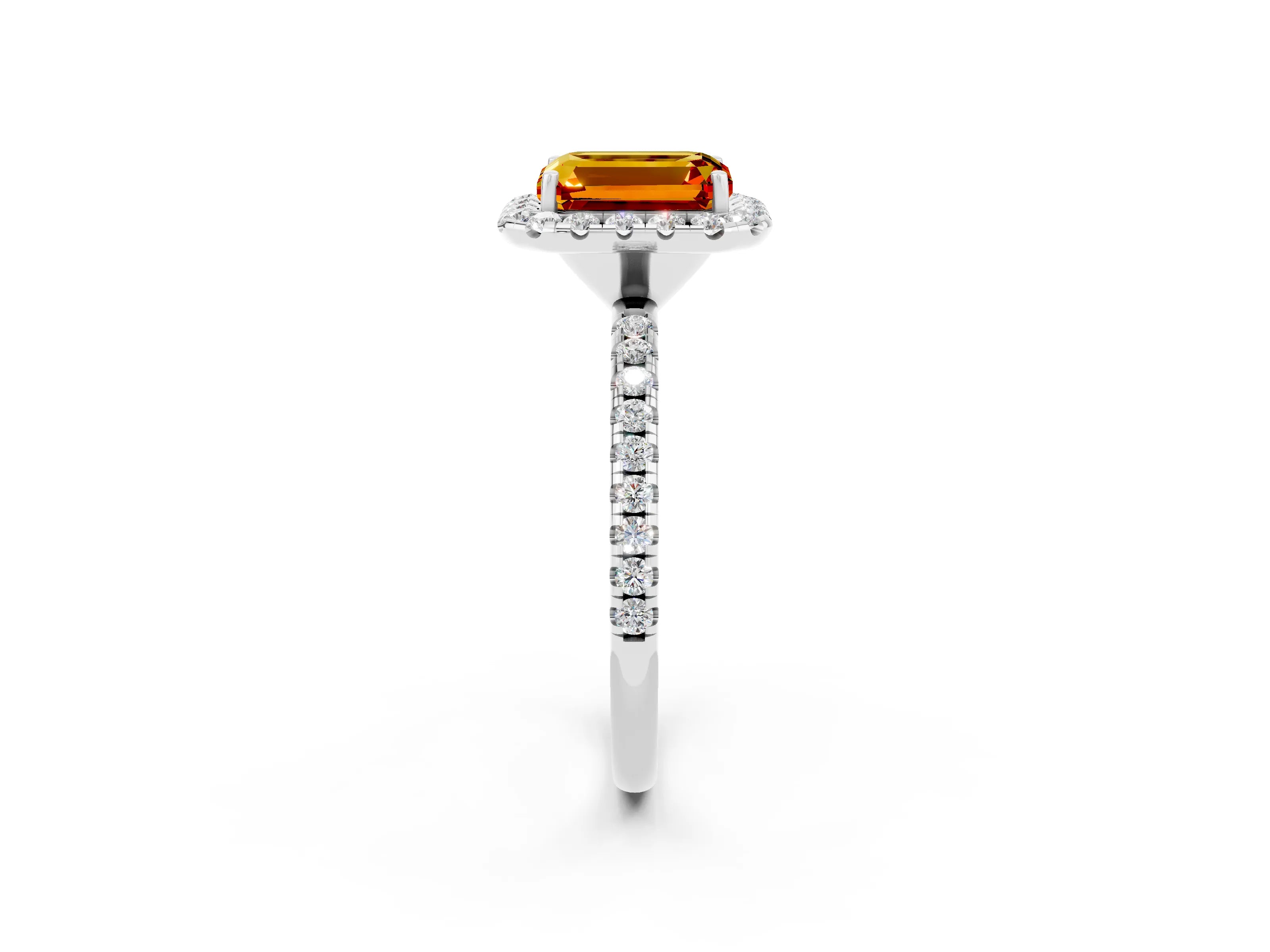 White gold Emerald Cut Cut Diamond Floral Halo Engagement Ring with Pavé Band and Prong Setting_2