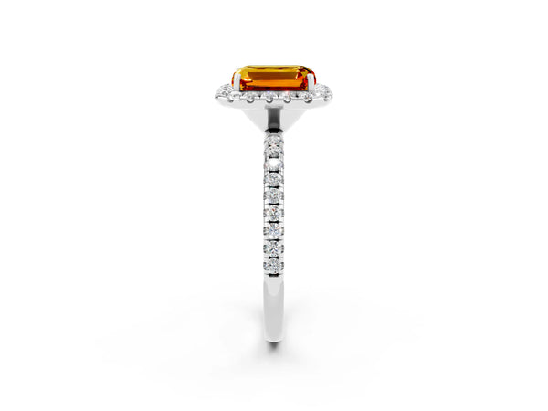 Silver Emerald Cut Citrine Halo Engagement Ring with Round Pavé Band and Prong Setting