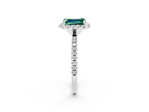 White gold Emerald Cut Green Sapphire Halo Engagement Ring with Round Pavé Band and Prong Setting