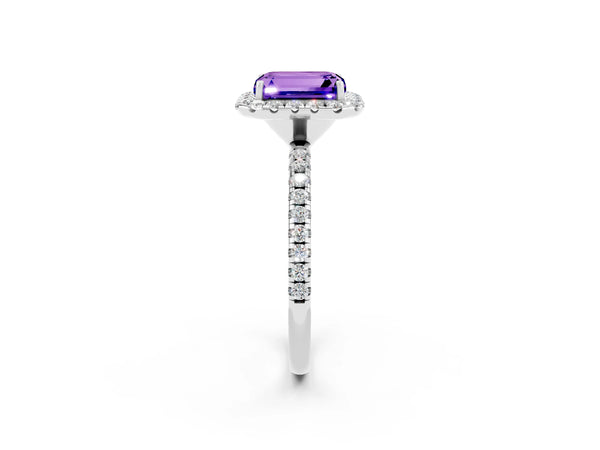 Silver Emerald Cut Tanzanite Halo Engagement Ring with Round Pavé Band and Prong Setting