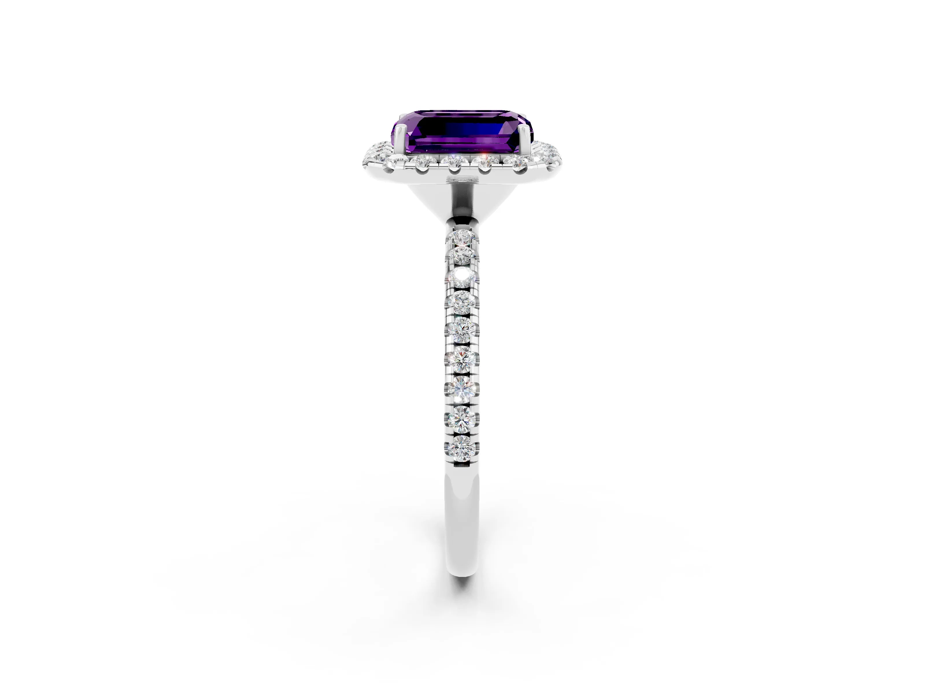 White gold Emerald Cut Cut Diamond Floral Halo Engagement Ring with Pavé Band and Prong Setting_2