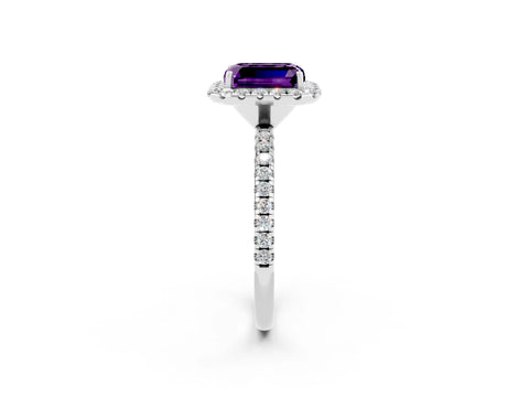 White gold Emerald Cut Cut Diamond Floral Halo Engagement Ring with Pavé Band and Prong Setting_2