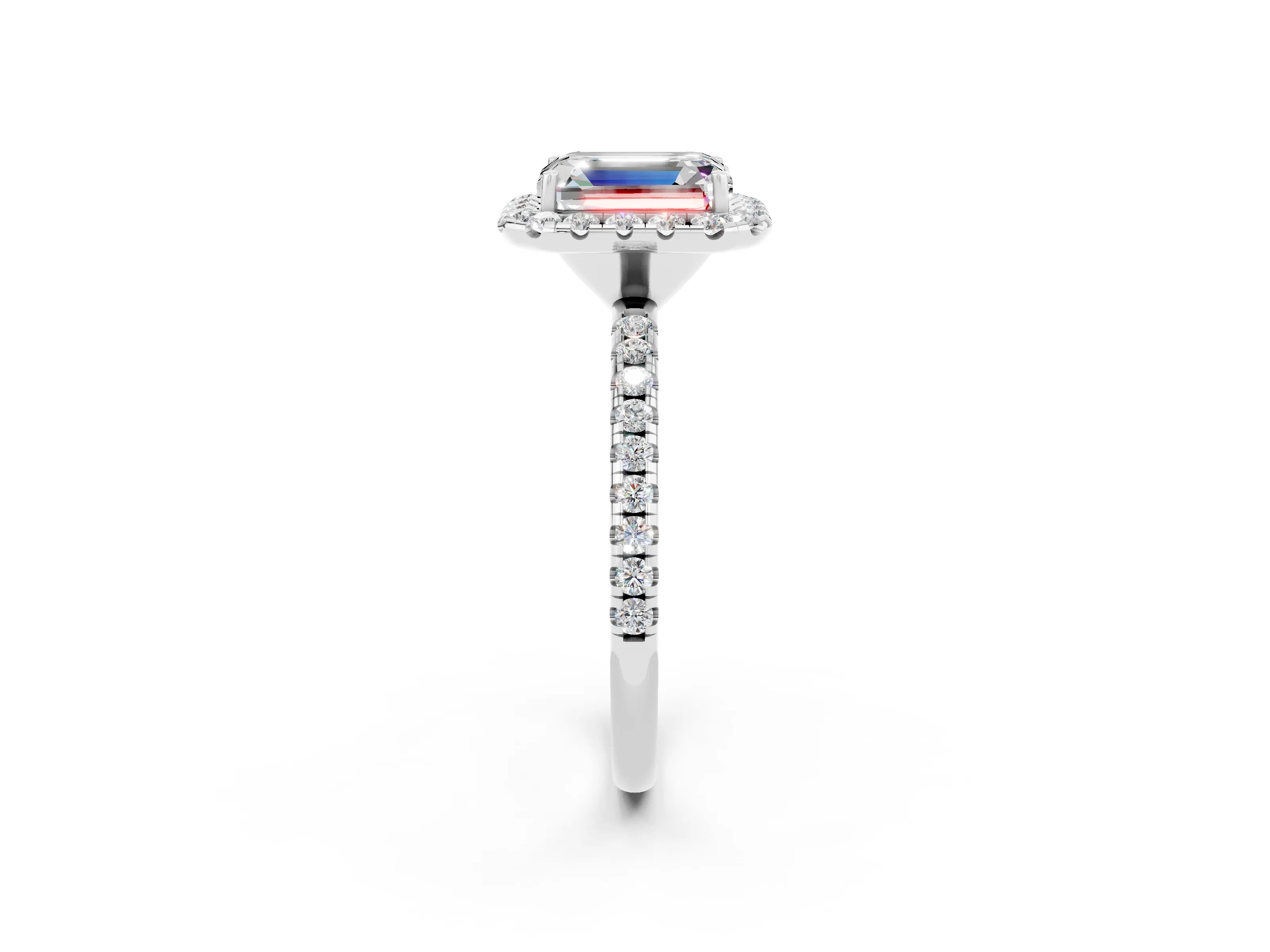 White gold Emerald Cut Cut Diamond Floral Halo Engagement Ring with Pavé Band and Prong Setting_2
