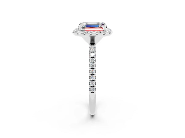 White gold Emerald Cut Moissanite Halo Engagement Ring with Round Pavé Band and Prong Setting