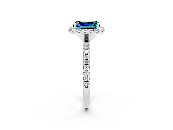 Platinum Emerald Cut Cut Diamond Floral Halo Engagement Ring with Pavé Band and Prong Setting