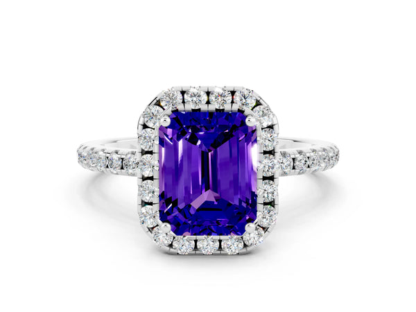 Silver Emerald Cut Tanzanite Halo Engagement Ring with Round Pavé Band and Prong Setting