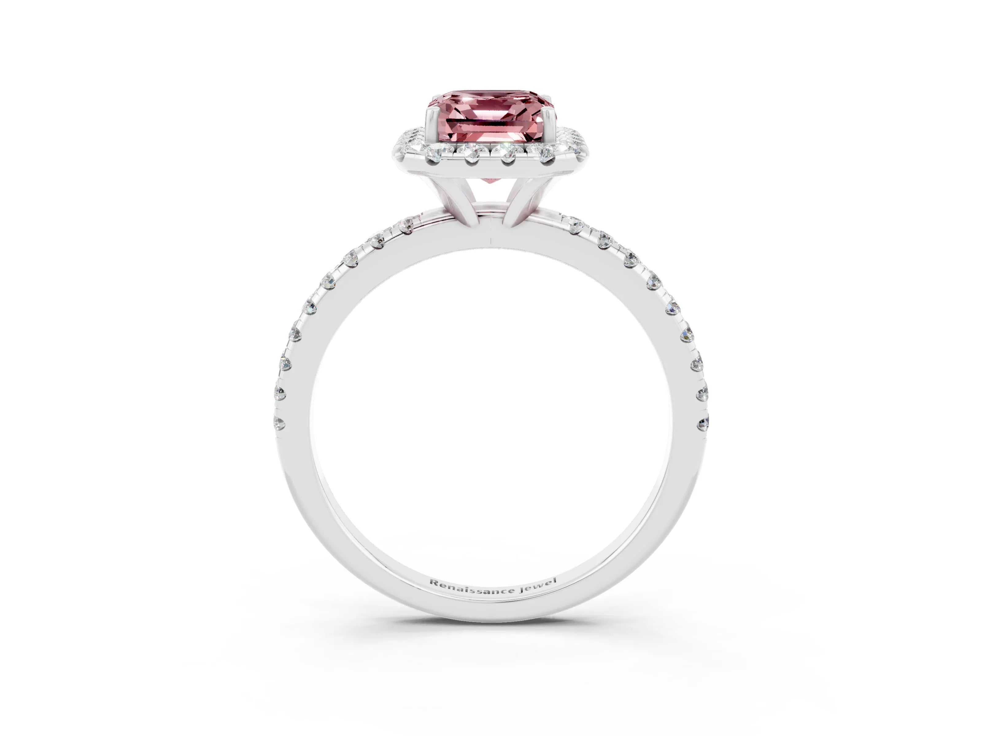 White gold Emerald Cut Cut Diamond Floral Halo Engagement Ring with Pavé Band and Prong Setting_3