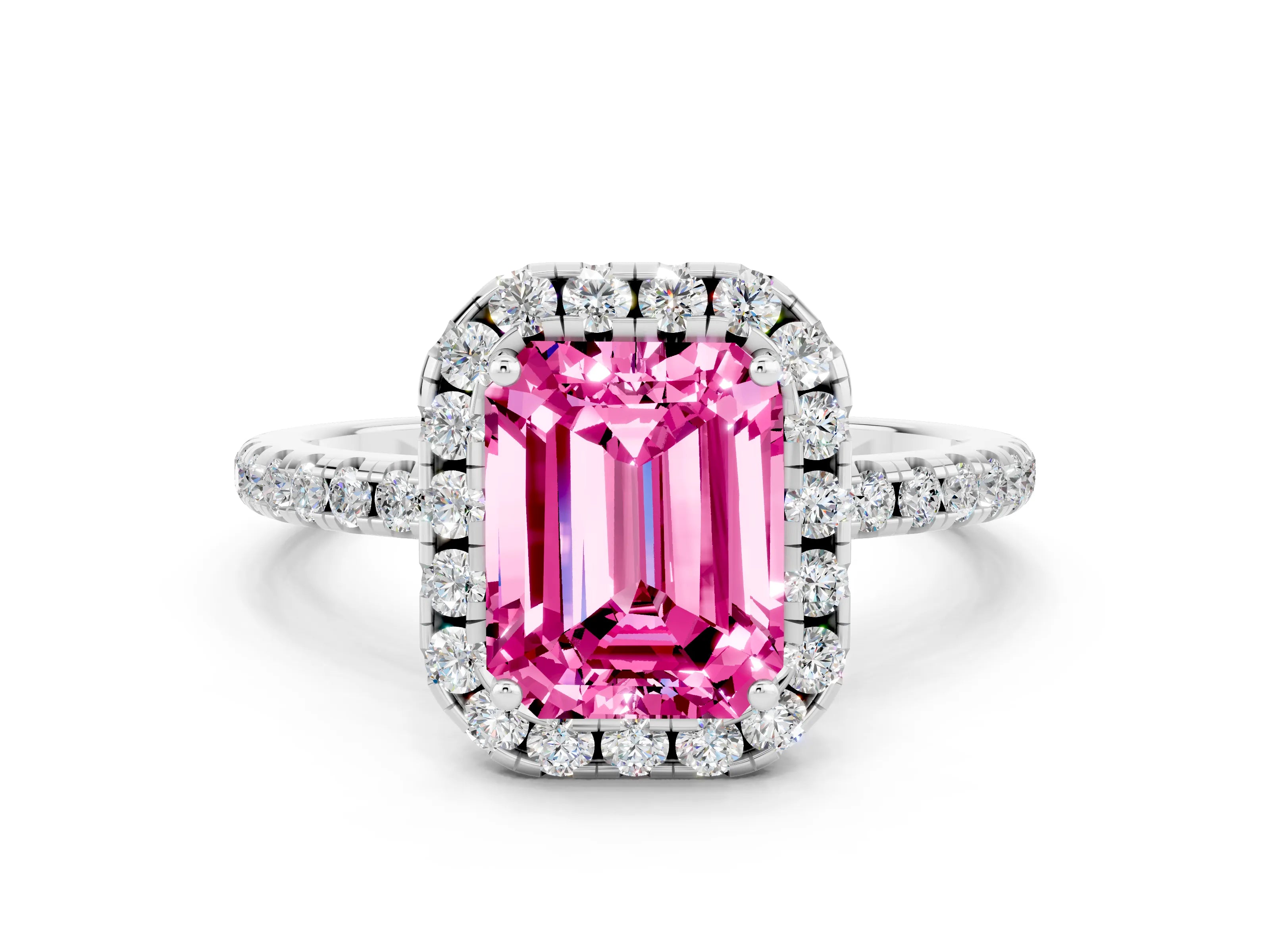 White gold Emerald Cut Cut Diamond Floral Halo Engagement Ring with Pavé Band and Prong Setting