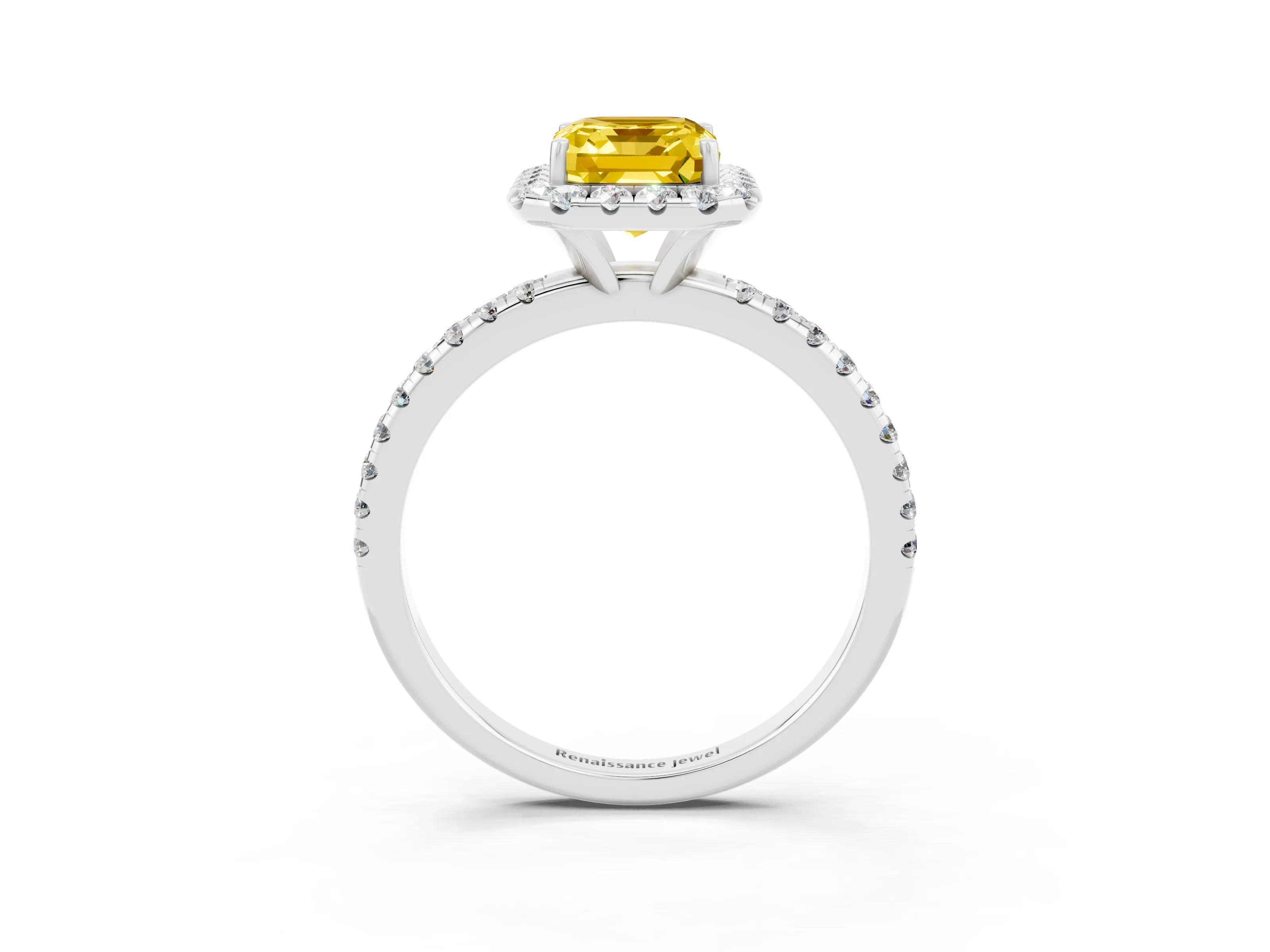 White gold Emerald Cut Cut Diamond Floral Halo Engagement Ring with Pavé Band and Prong Setting_3