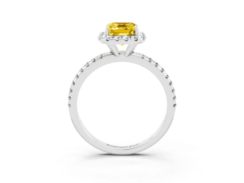 White gold Emerald Cut Cut Diamond Floral Halo Engagement Ring with Pavé Band and Prong Setting_3