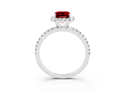 White gold Emerald Cut Cut Diamond Floral Halo Engagement Ring with Pavé Band and Prong Setting_3